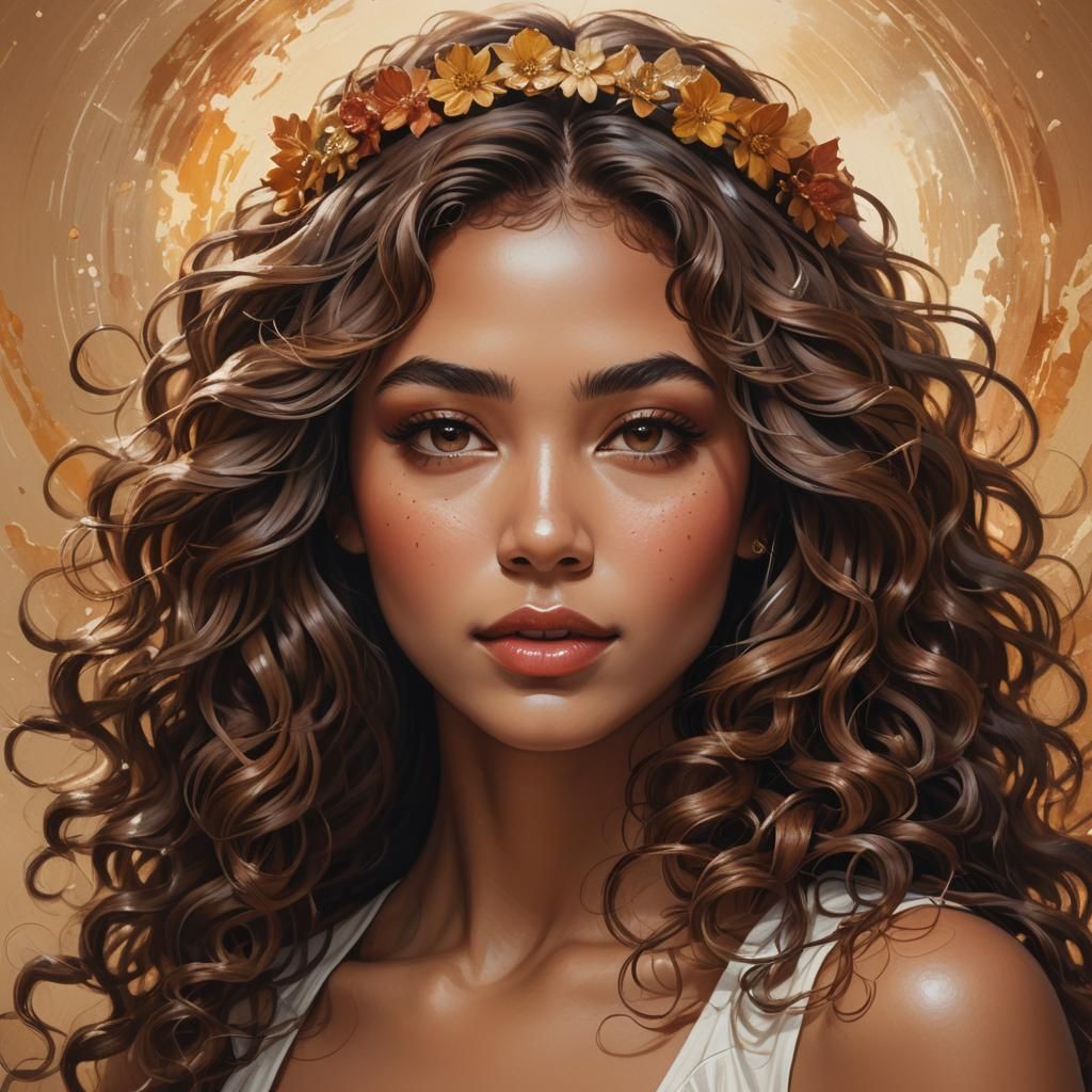 Gorgeous Woman with Flowing Brown Hair in Hyperrealistic Sty...