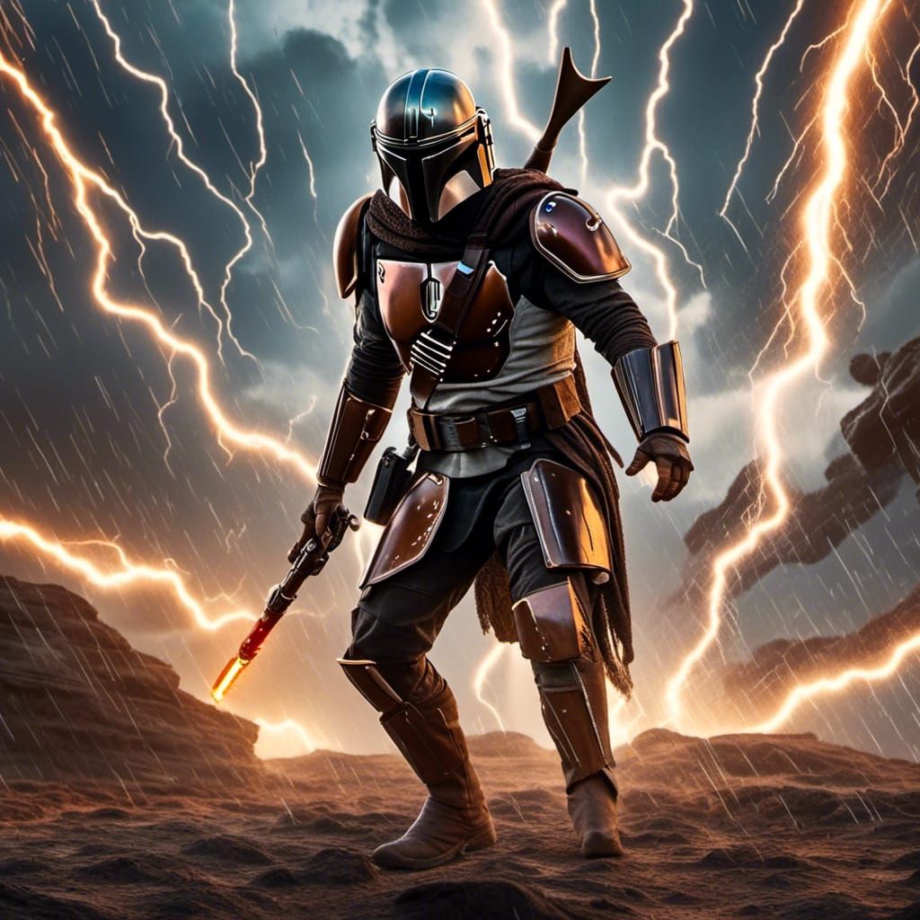 <lora:Raio:1.0> The Mandalorian in an epic slow-motion walk towards the camera, filled with electrical lightning energy, digital art, lightn...