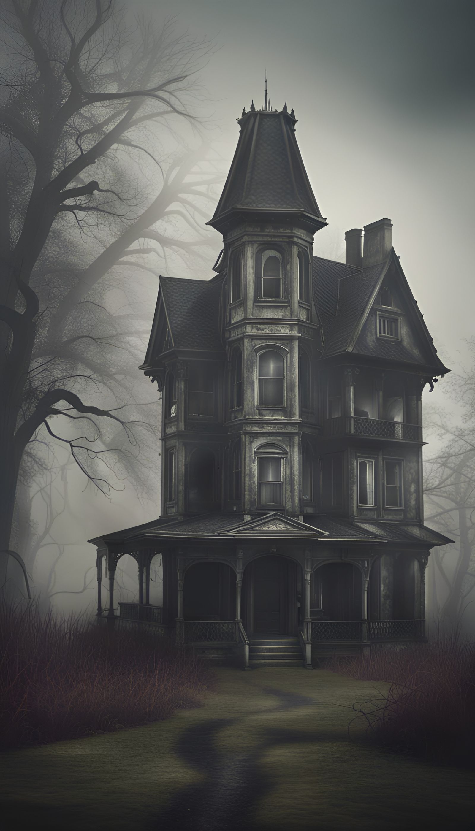 a haunted house, dreamlike, foggy dreamy, surrealism liminal space ...