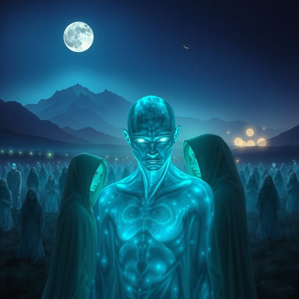 aliens in a field with a mountain in the background, distant glowing figures, energetic beings patrolling, glowing people, luminescent conce...