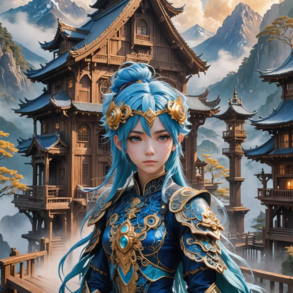 Anime 3D Portrait with Blue Hair and Misty Mountains