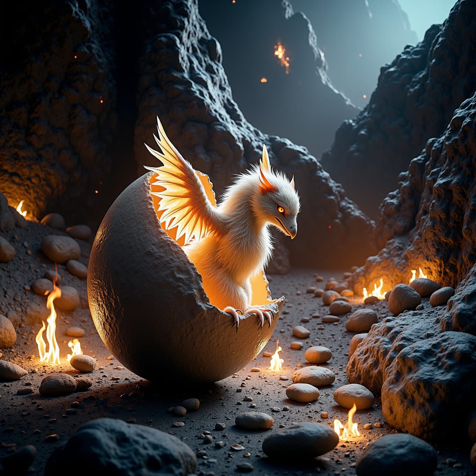 A baby phoenix hatching out of an egg, with glowing amber eyes and masculine dragon-like features. With burning cinders, In a dark, fiery, gloomy, grainy, rainy, mountainous region scene behind. Hypercrealistic, Detailed, Rim lighting, nightmare vibes. Bokeh flame effects.