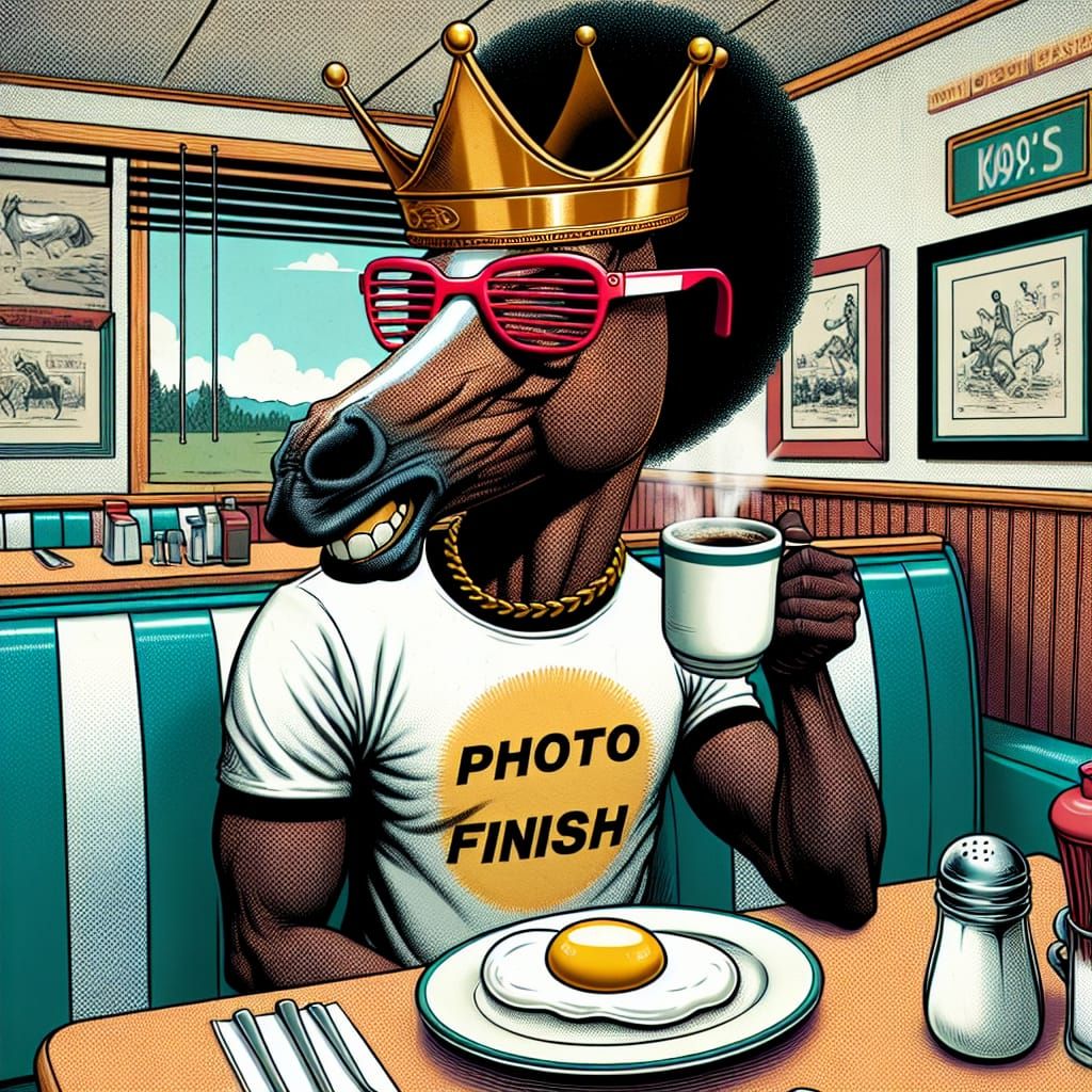 Funny drawn cartoon black horse wearing a gold crown and red...