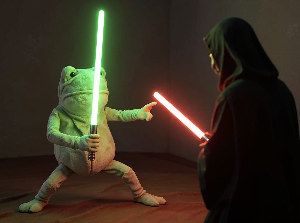 Let the frog hold a green glowing light saber and facing a dark clad figure holding a red one.