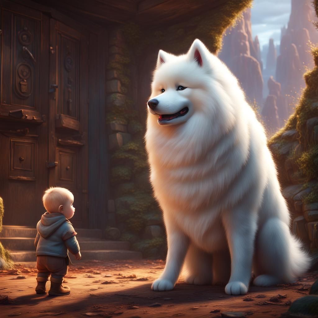 A samoyed is protecting a human baby Pixar style