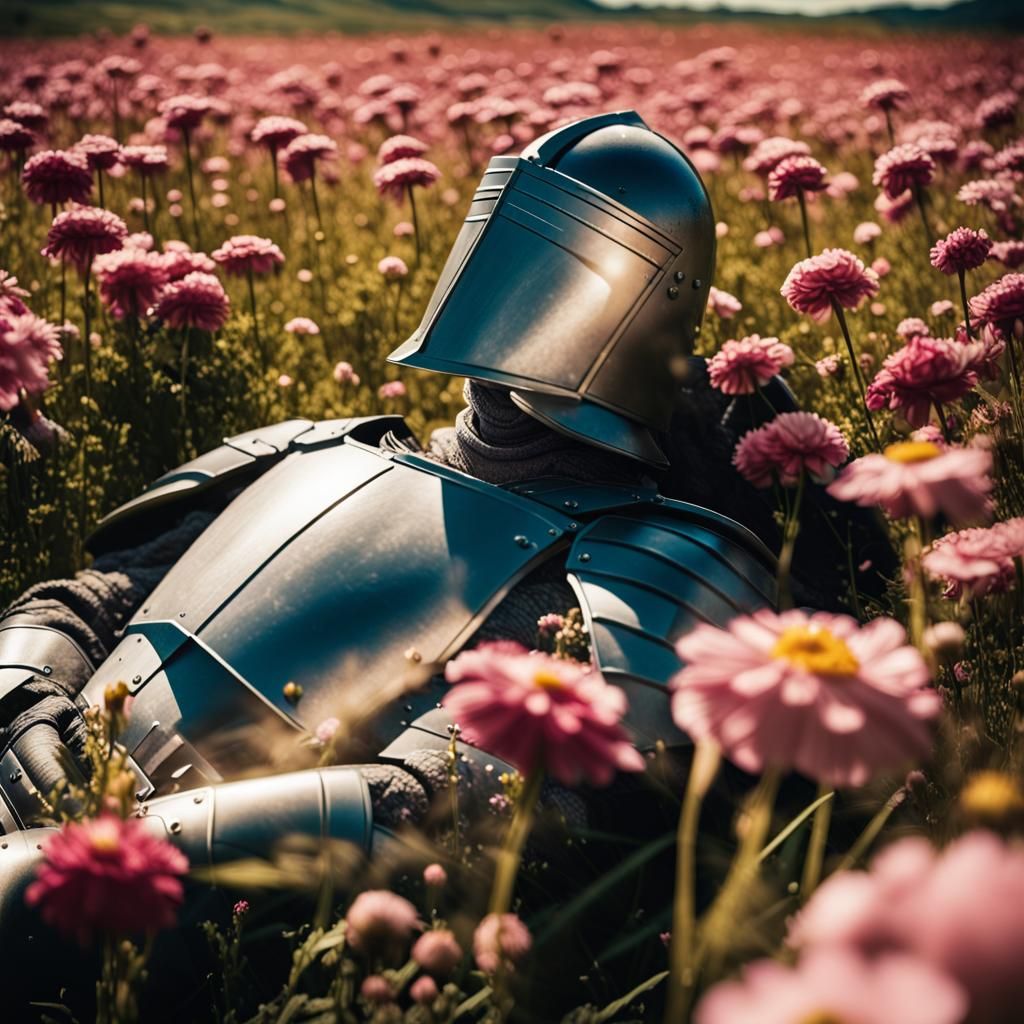 knight laying in a flower field on a sunny day, three quarters view, Cinematic film still, shot on v-raptor XL, film grain, vignette, color...