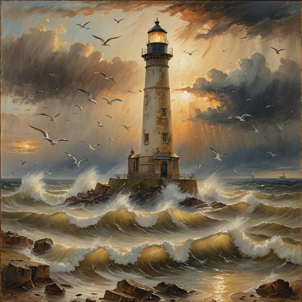 oil painting by Turner at golden hour of a storm-wracked lighthouse and seagulls fighing the wind   by @CardinalBiggles