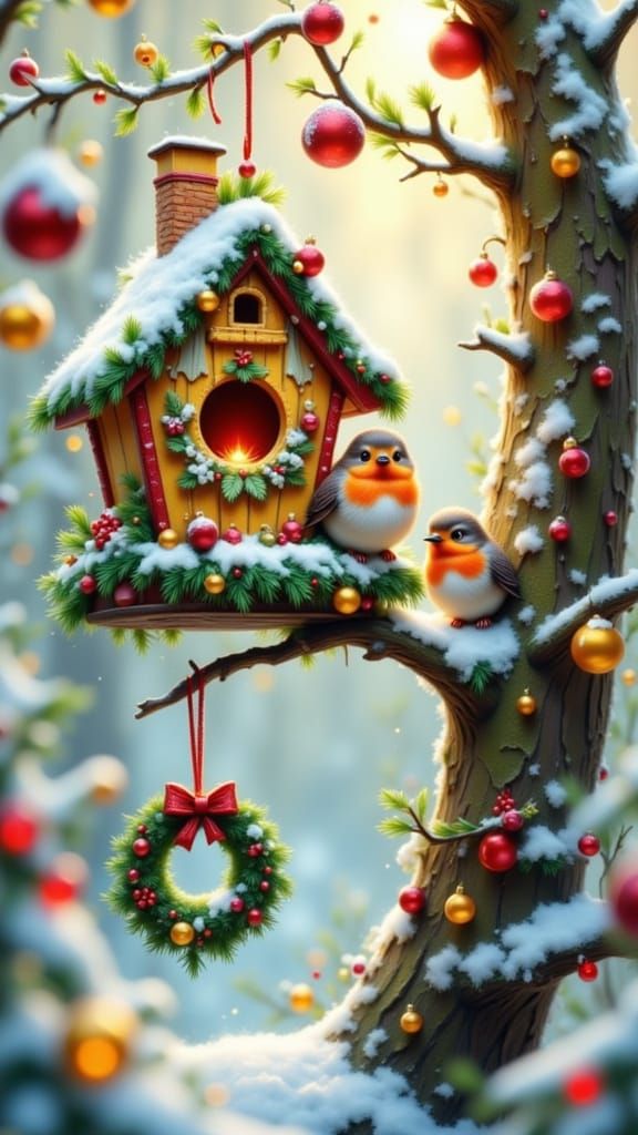 Fluffy Robins Decorate Sunlit Birdhouse for Christmas