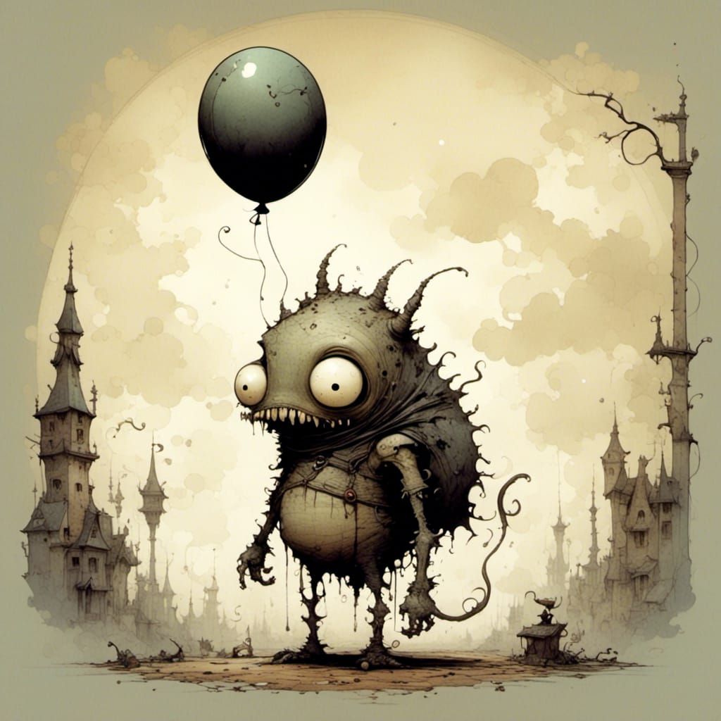 A cute and creepy monster holding a balloon, smooth, perfect, high definition, heavy lines <lora:cuteNcreepy:1.0> 