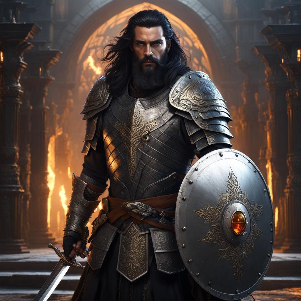 white male, shoulder long black hair, black beard, chain armor ...