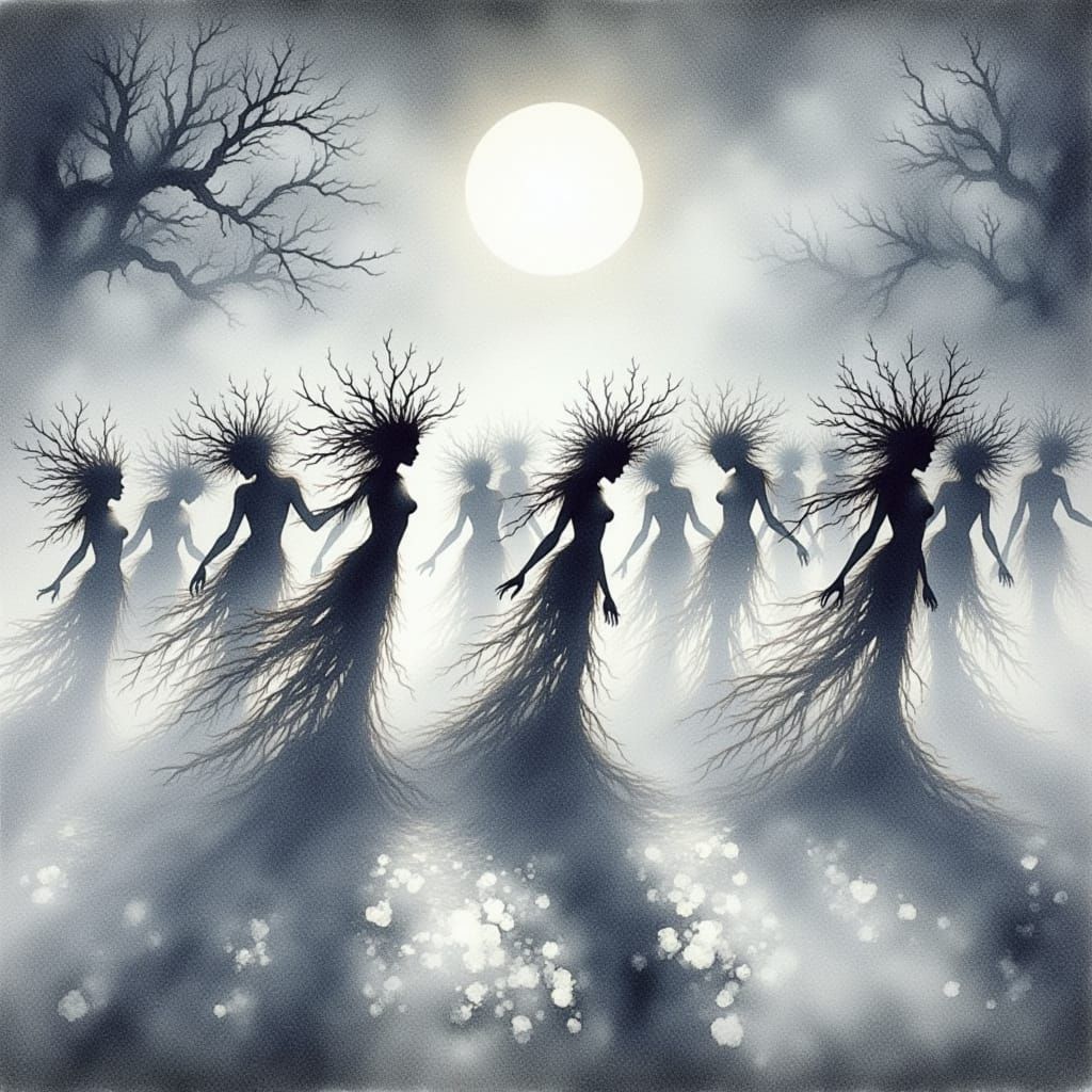 Mysterious impressionistic water color showcasing the small and windswept dark silhouettes of a female dryads with quirky headgears made of ...