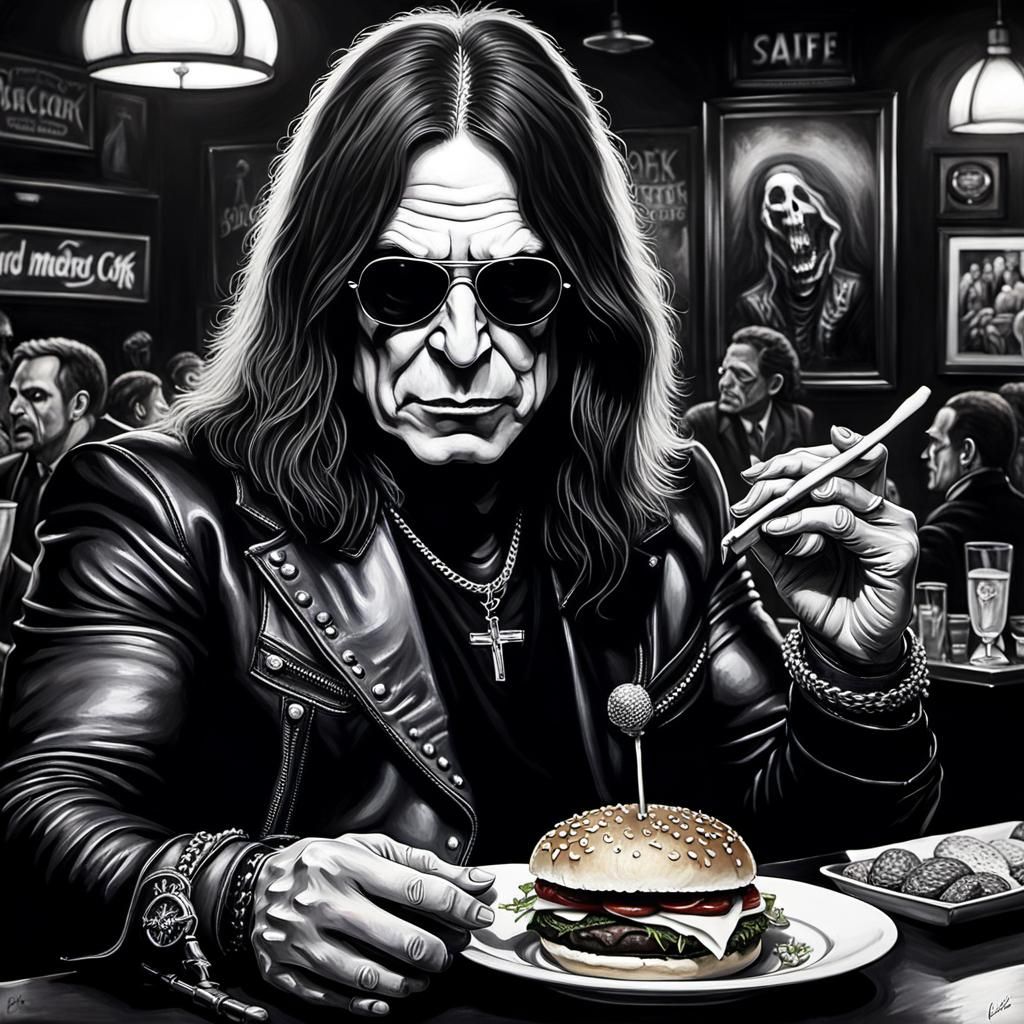 Black and White Portrait of Ozzy Osbourne eating a Burger - AI ...