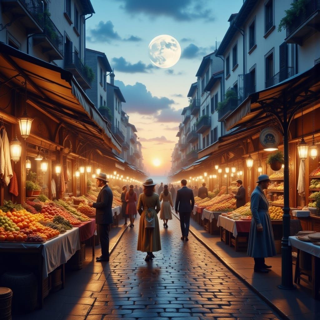 Ethereal Twilight Marketplace with Sea Silhouette