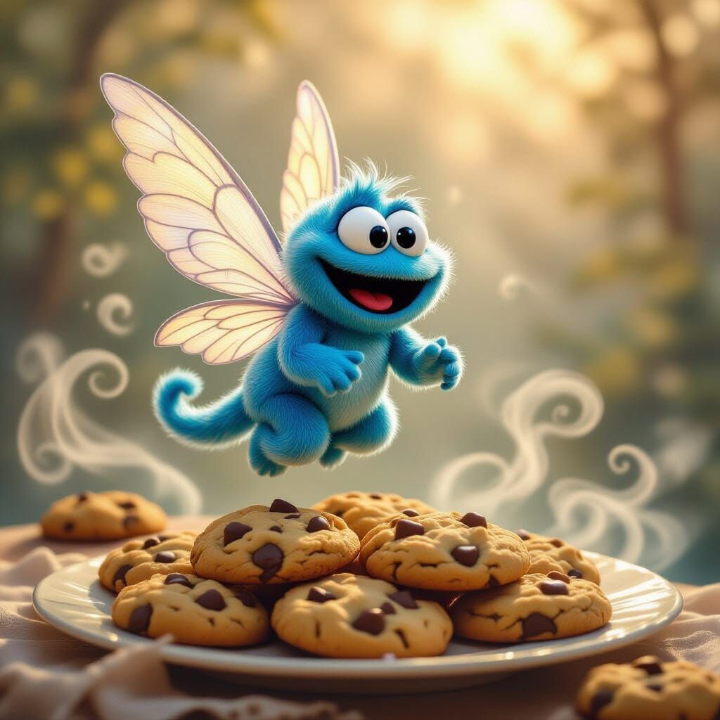 Cute Cookie monster pixie with beautiful flowing wings cruising over freshly cooked chocolate chip cookies