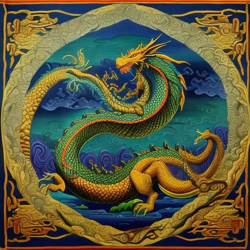 Coiled Oriental Dragon Tapestry in Surreal Style