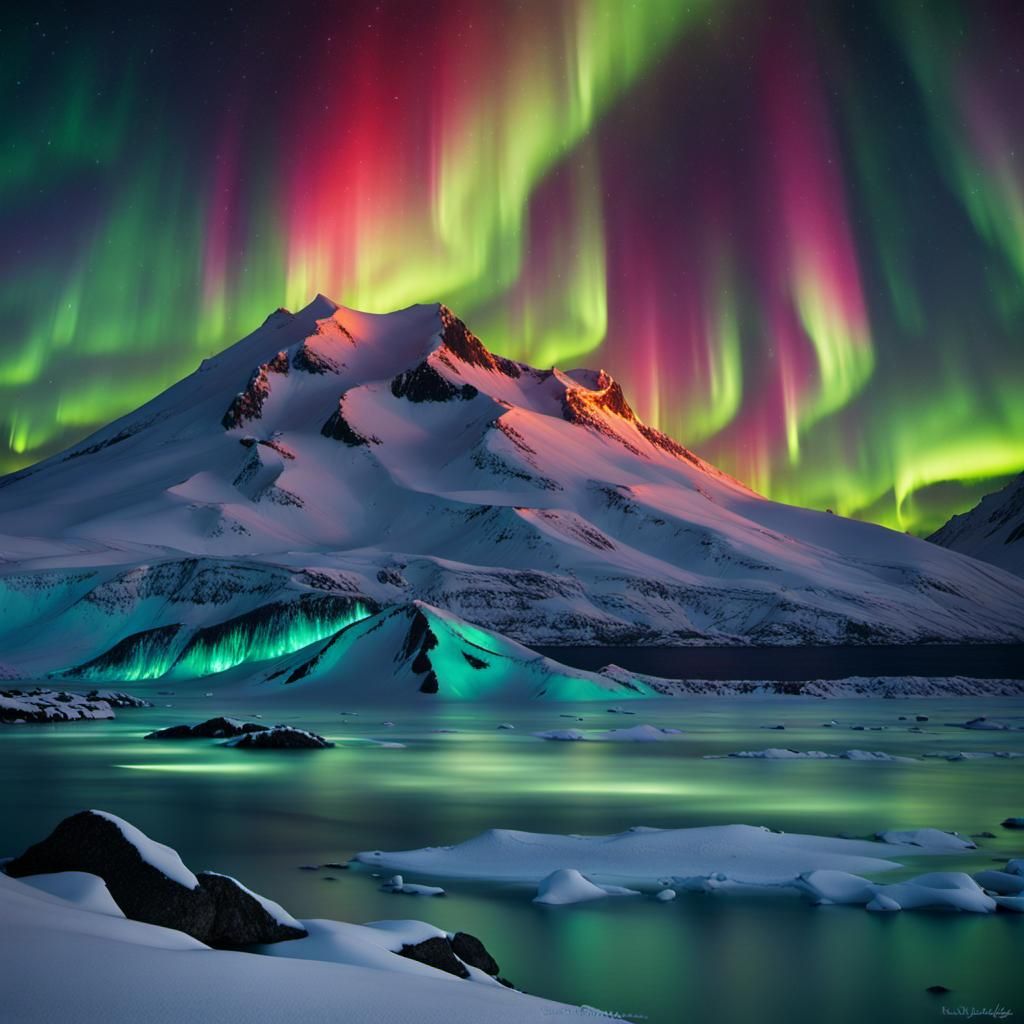 Surreal Mountain: Lava Flows Under Northern Lights
