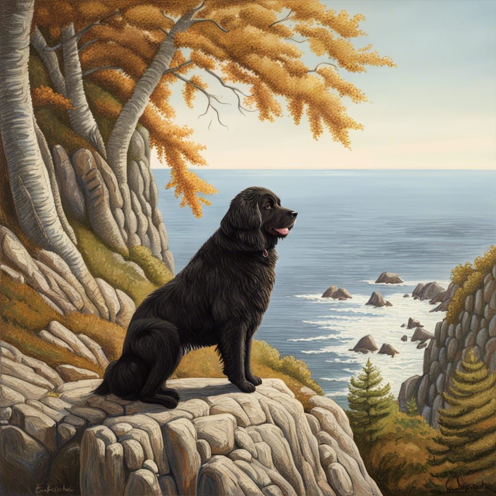 a newfoundland dog standing on a Cliff watching the Ocean. - AI ...