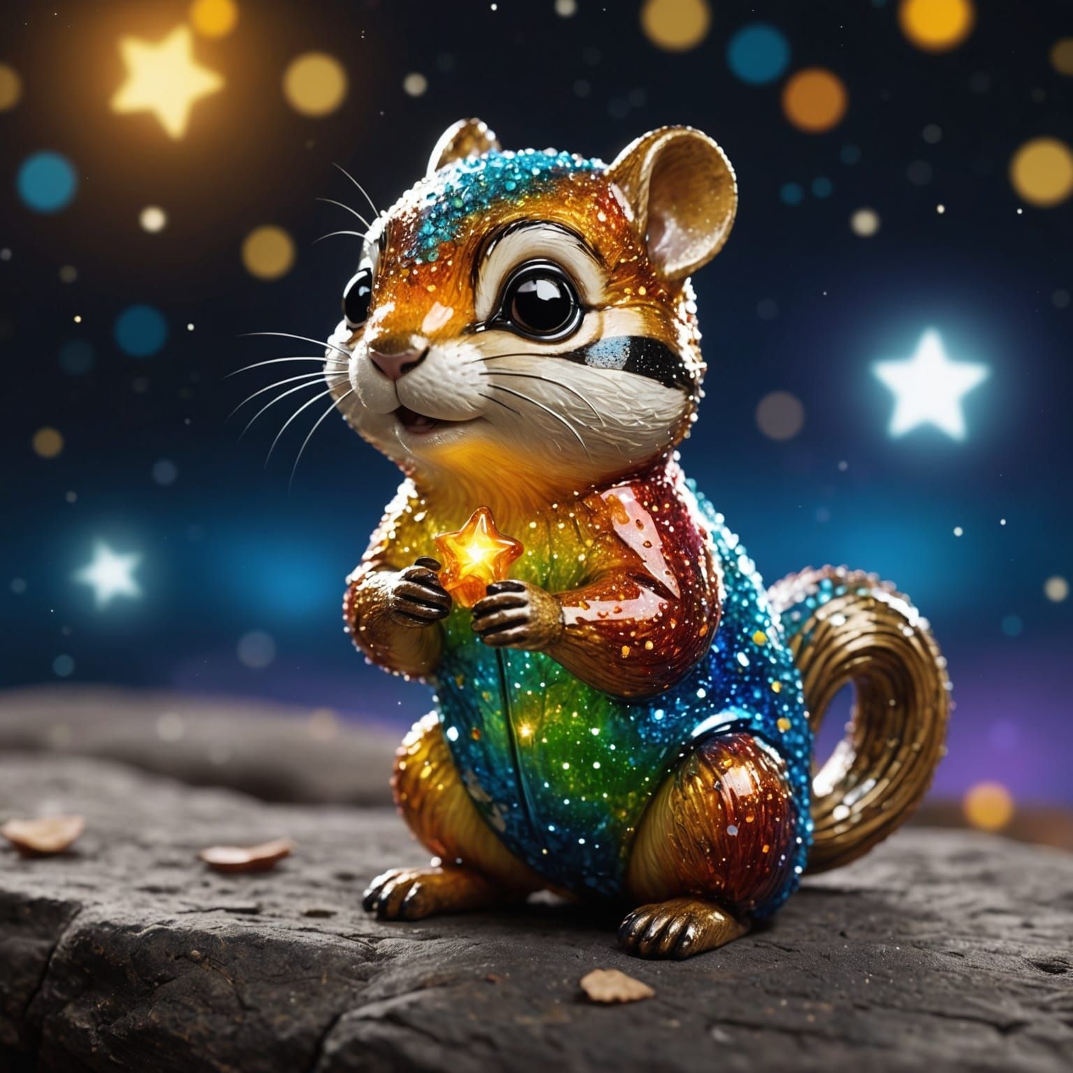 An adorable, brightly colored enameled glass chipmunk is dyed in the hand of an amazed toddler, made ...  by @evinrude