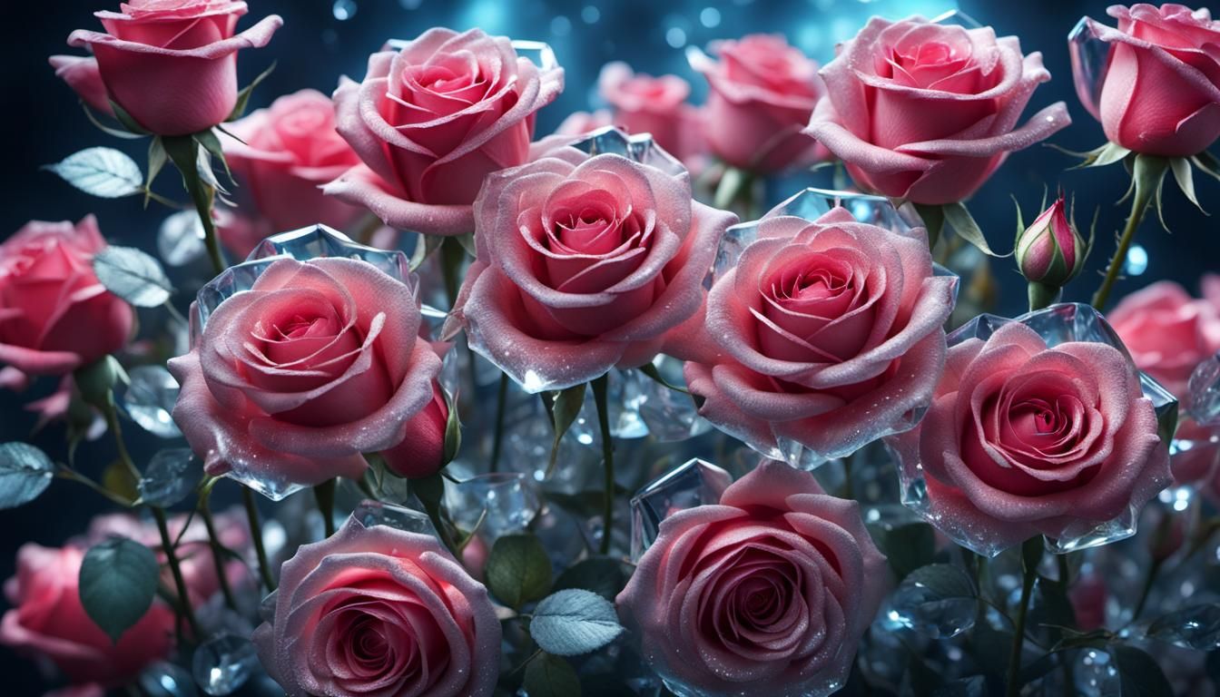Roses made of clear crystal. ethereal fantasy, brilliant, sh...