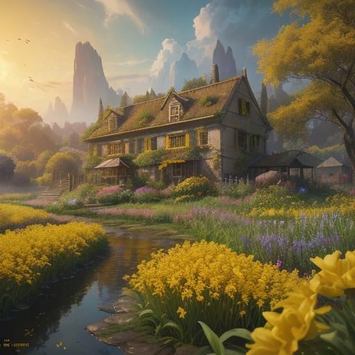 rural garden with yellow flowers in golden hour