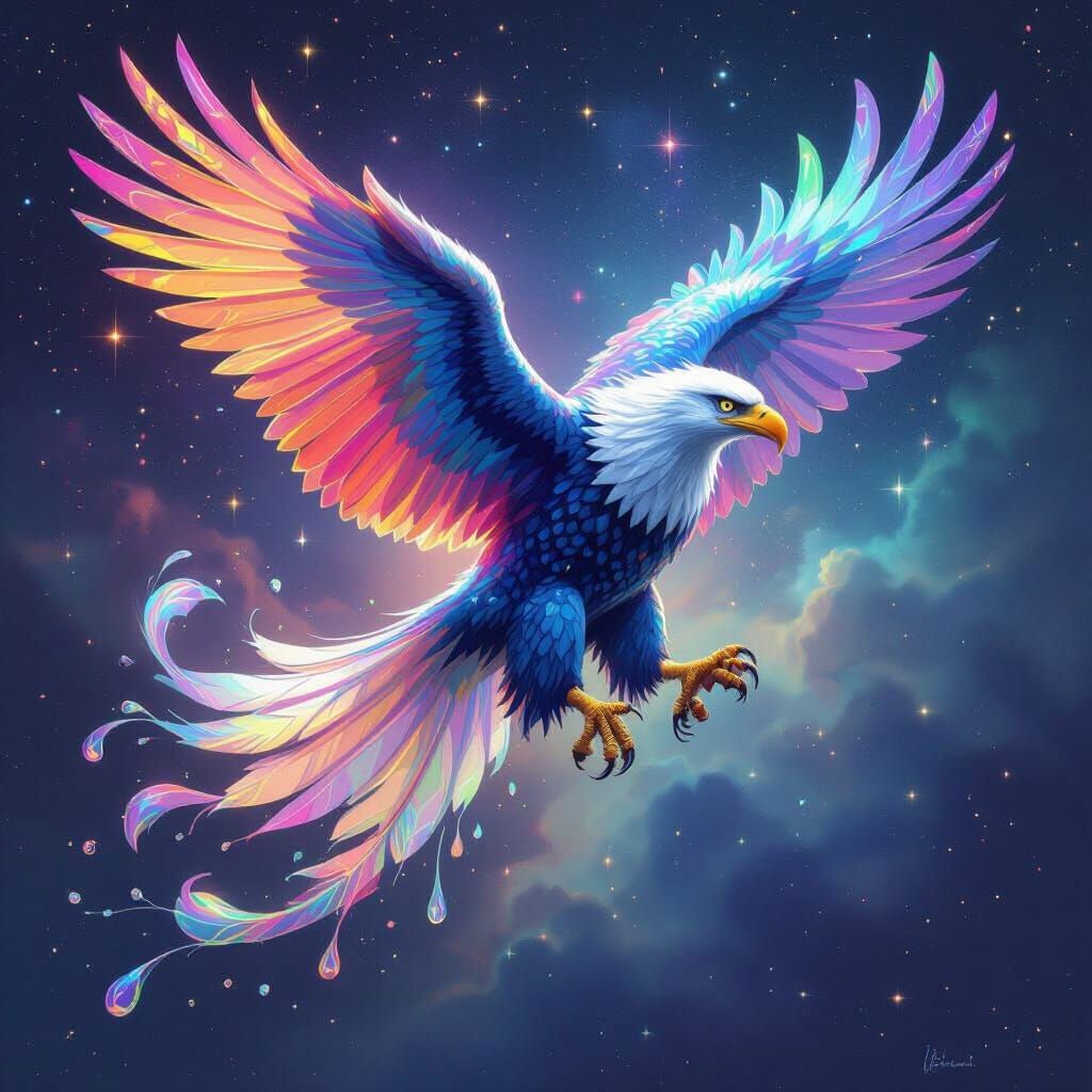 A half bird half cat it is rainbow and liquid 