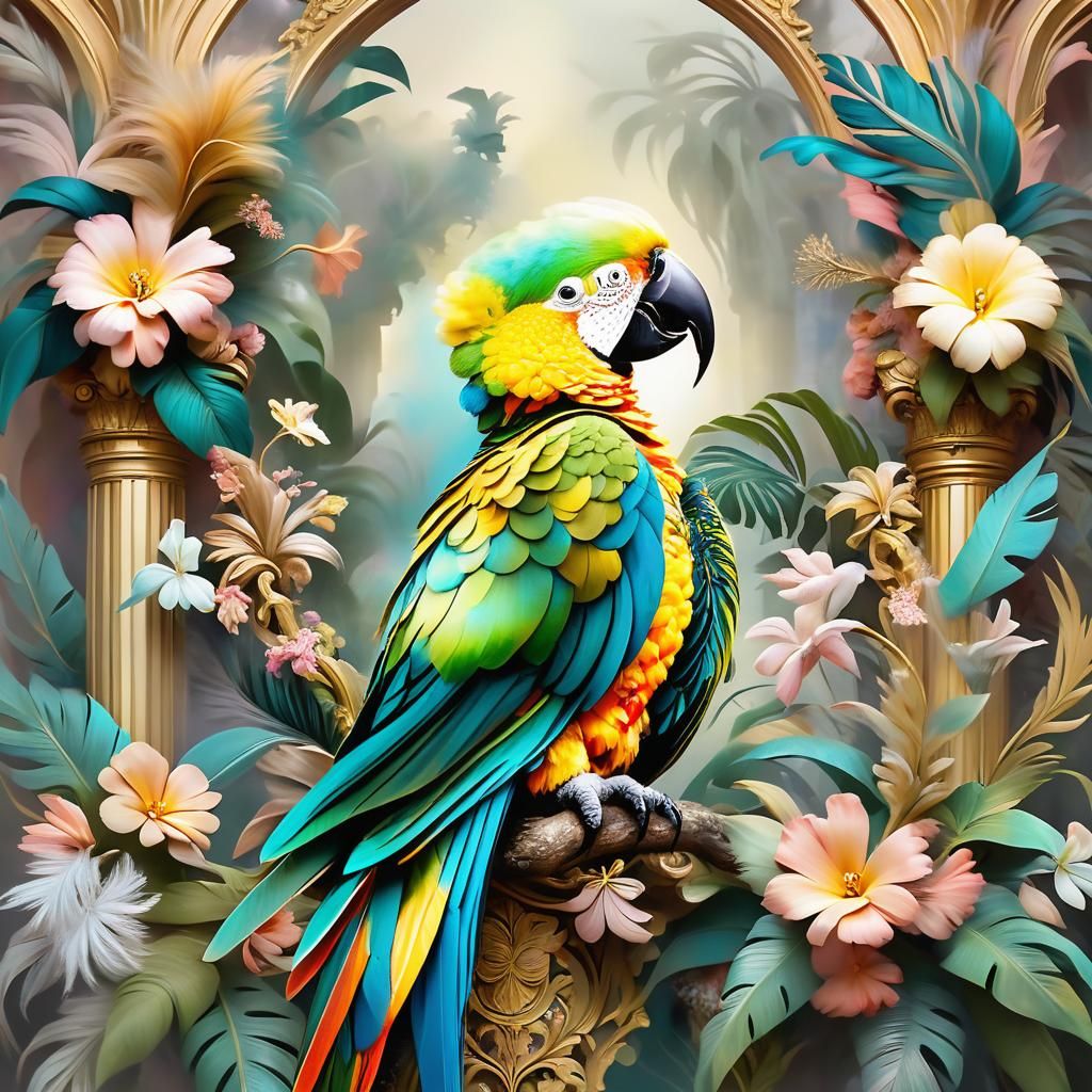 A pastel-colored parrot in the style of floral surrealism, r...