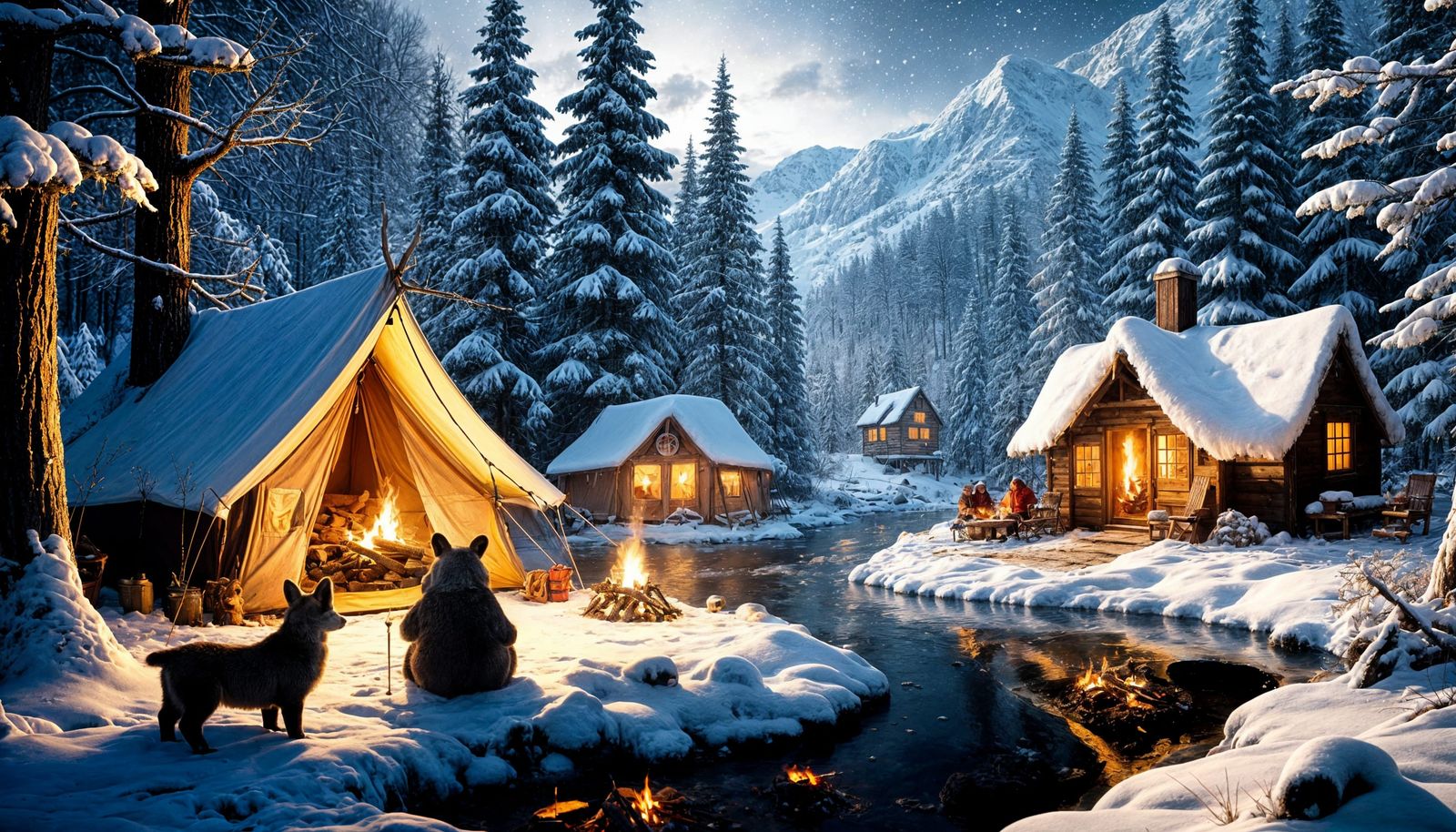 Cozy moments of Winter camping, a cosy warm campfire surrounded  by snow-covered tents with Colourful ...  by @Az