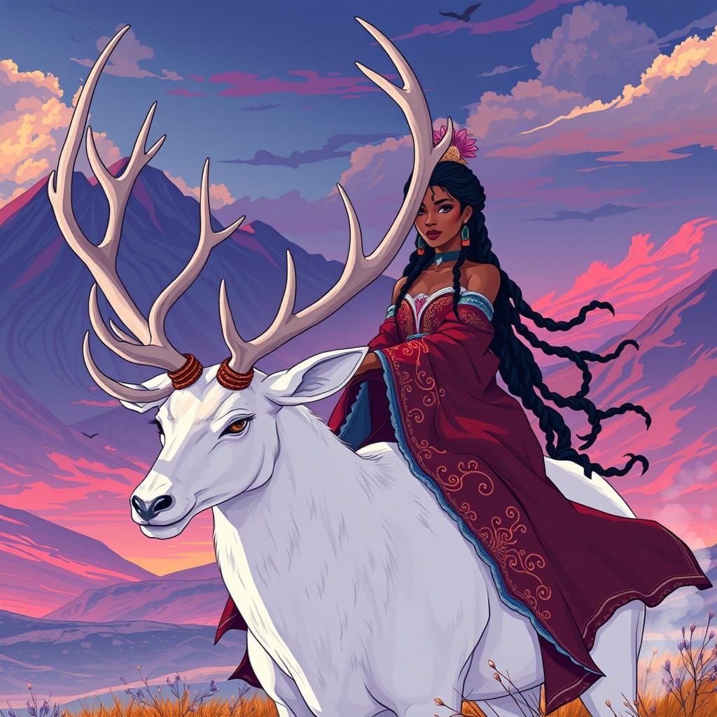 Surreal Anime Woman Rides Majestic White Stag Deer - AI Art