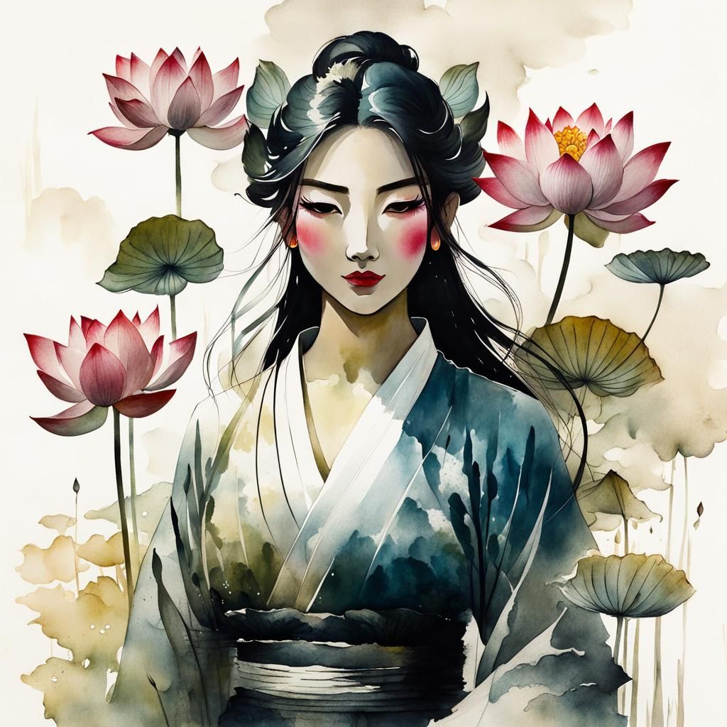 pretty water demon girl, lotus flower bunch, muted chinese i...