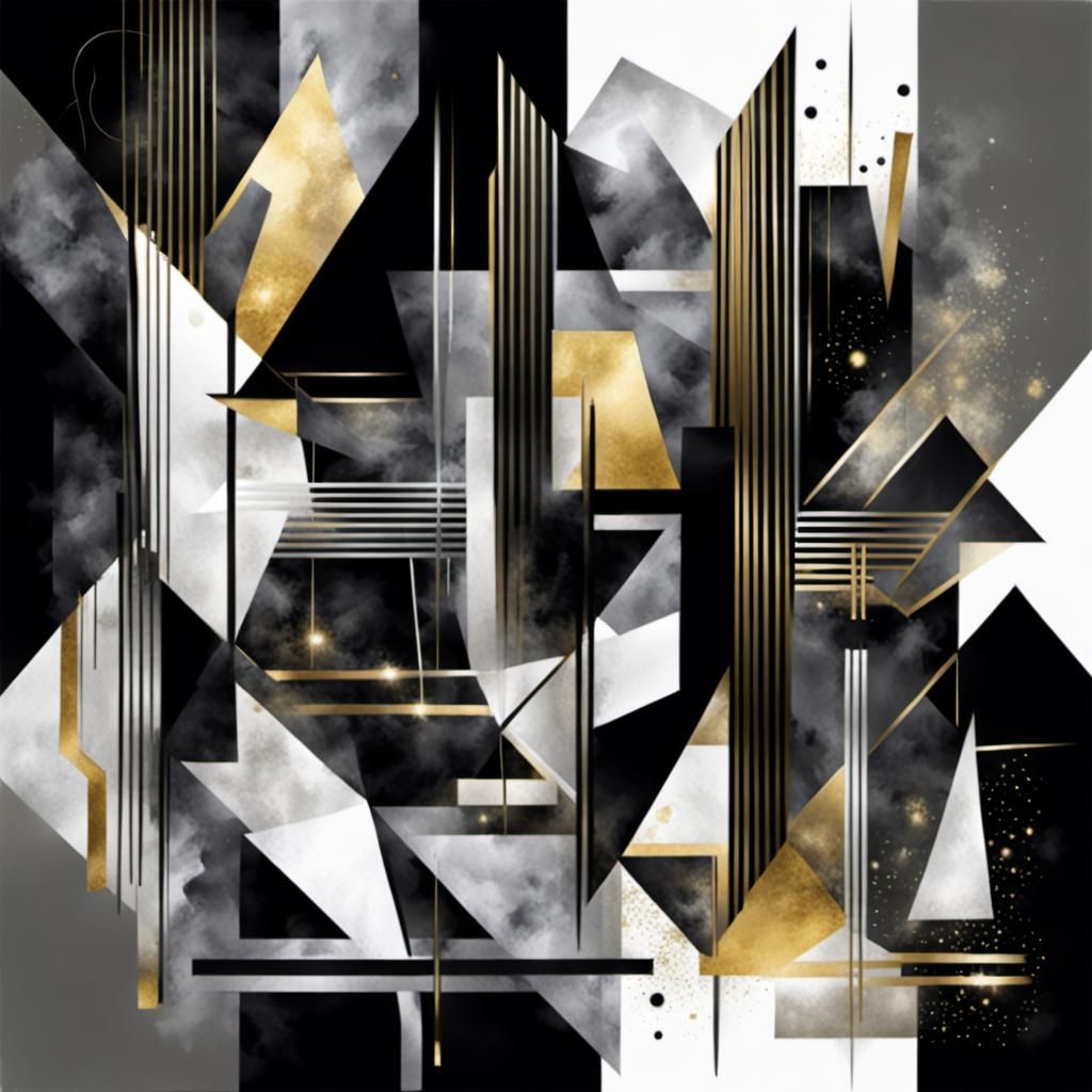 Shiny abstract composition in black, gold, silver gray and w...