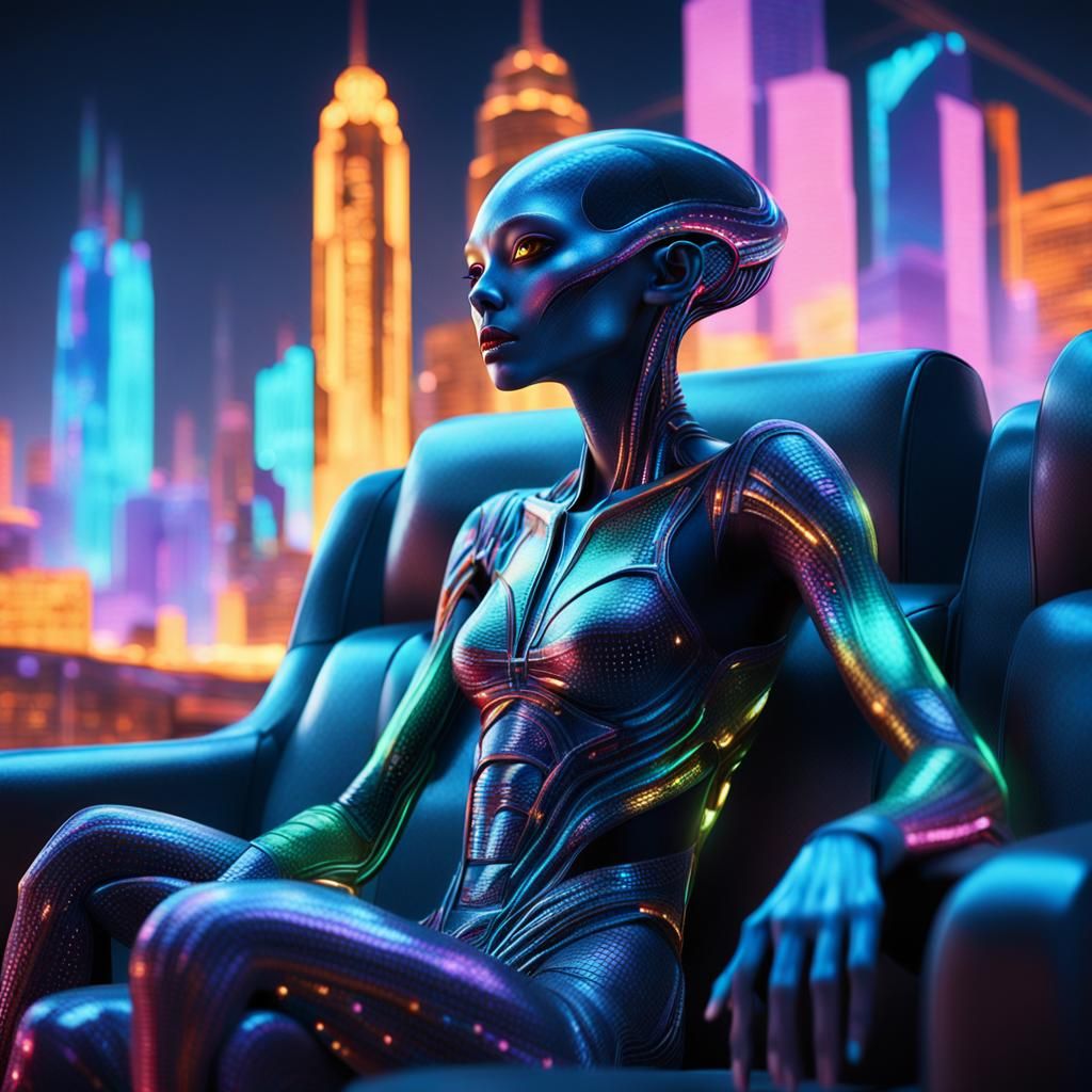 Alien Woman in Futuristic Cityscape: Surrealist Image