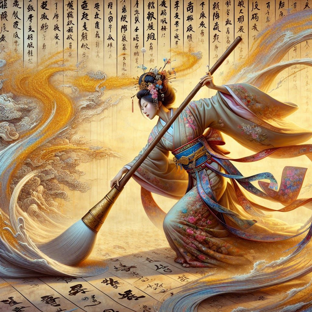 "dramatic painting of beautiful Japanese princess dancing with a giant paint brush, painting beautiful Chinese Calligraphy
symbols on the wa...