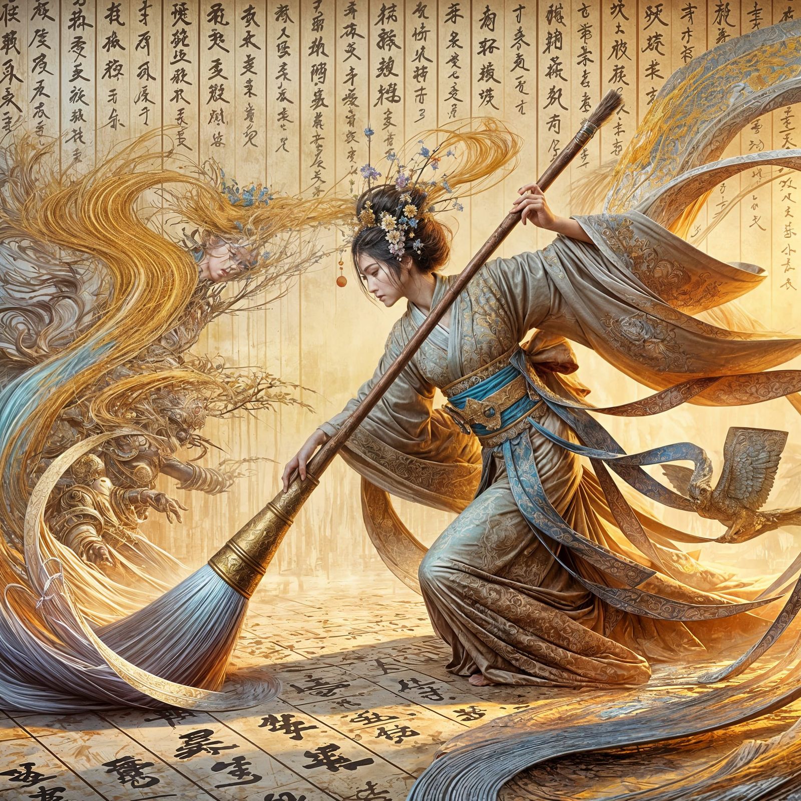 "dramatic painting of beautiful Japanese princess dancing with a giant paint brush, painting beautiful arts  by @Mindful THE KB