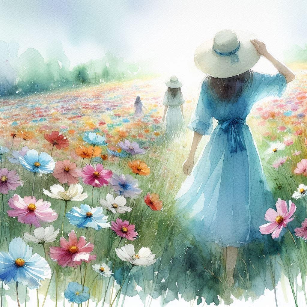 Walking in a Flowery field Watercolor