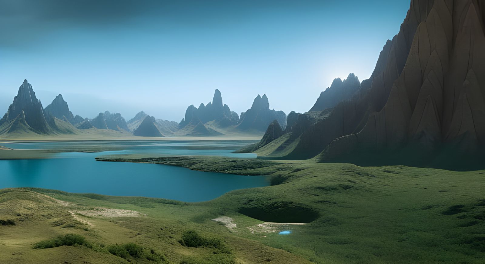 Vegetation and lakes on terraformed Mars.