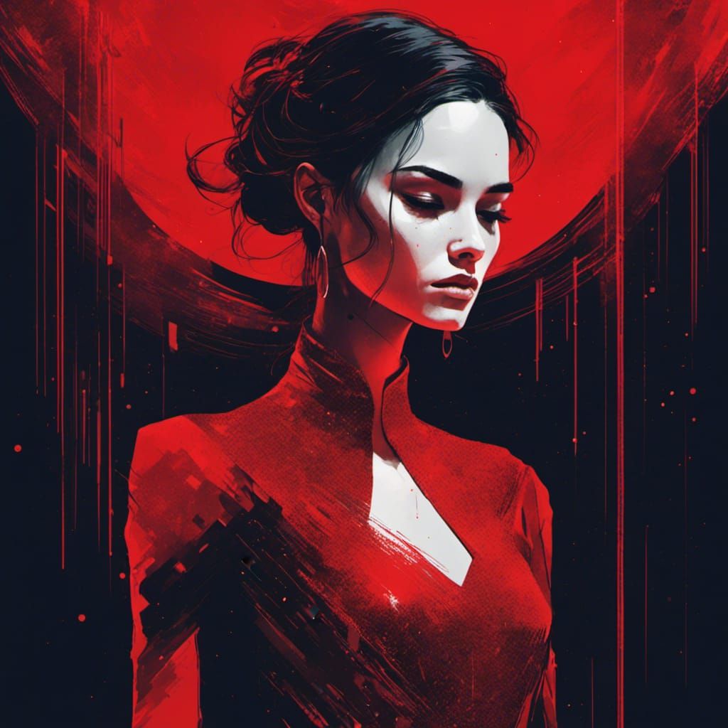 A minimalistic book cover illustration of a beautiful woman in a sparkly red dress, glitchcore <lora:GlitchcoreSilhouette:1.0>