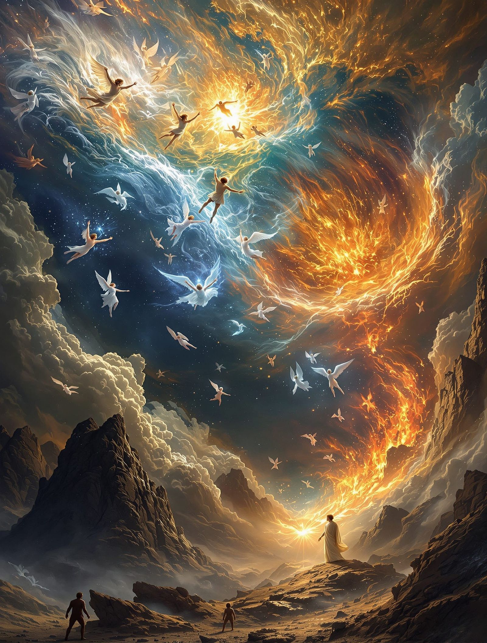 > A cosmic apocalyptic scene filled with celestial angels, some violently extracting souls in a whirlwind ...  by @Houssam