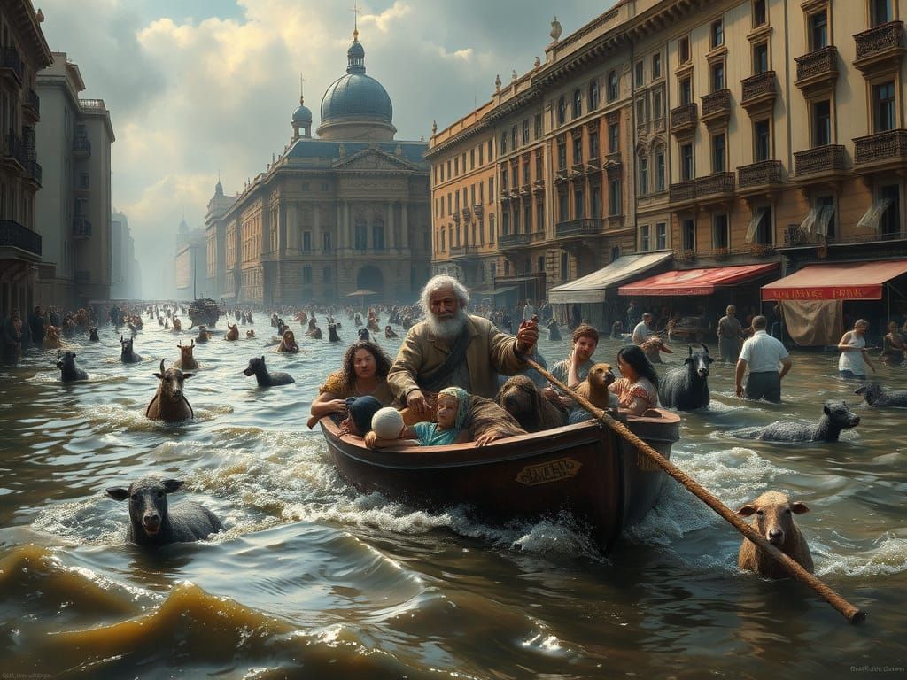 A worldwide flood in Odessa. Every street is flooded. The elements spare no one. A biblical story in a beautiful city. Grandfather Mazai gat...