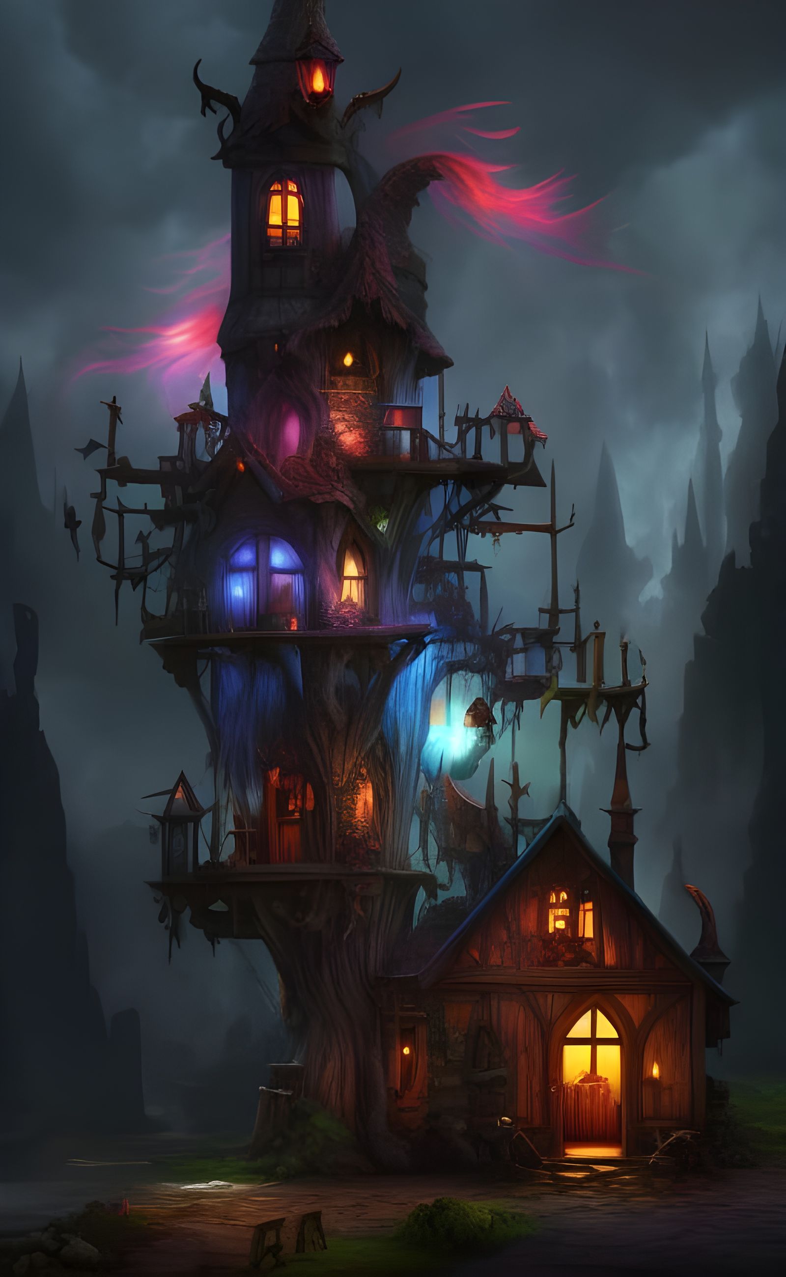 Fantasy Dark faerie house, Hyperrealistic, splash art, conce...