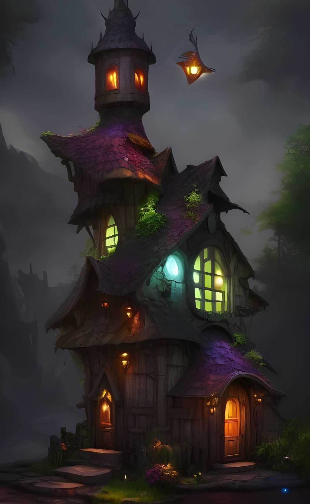 Fantasy Dark faerie house, Hyperrealistic, splash art, conce...