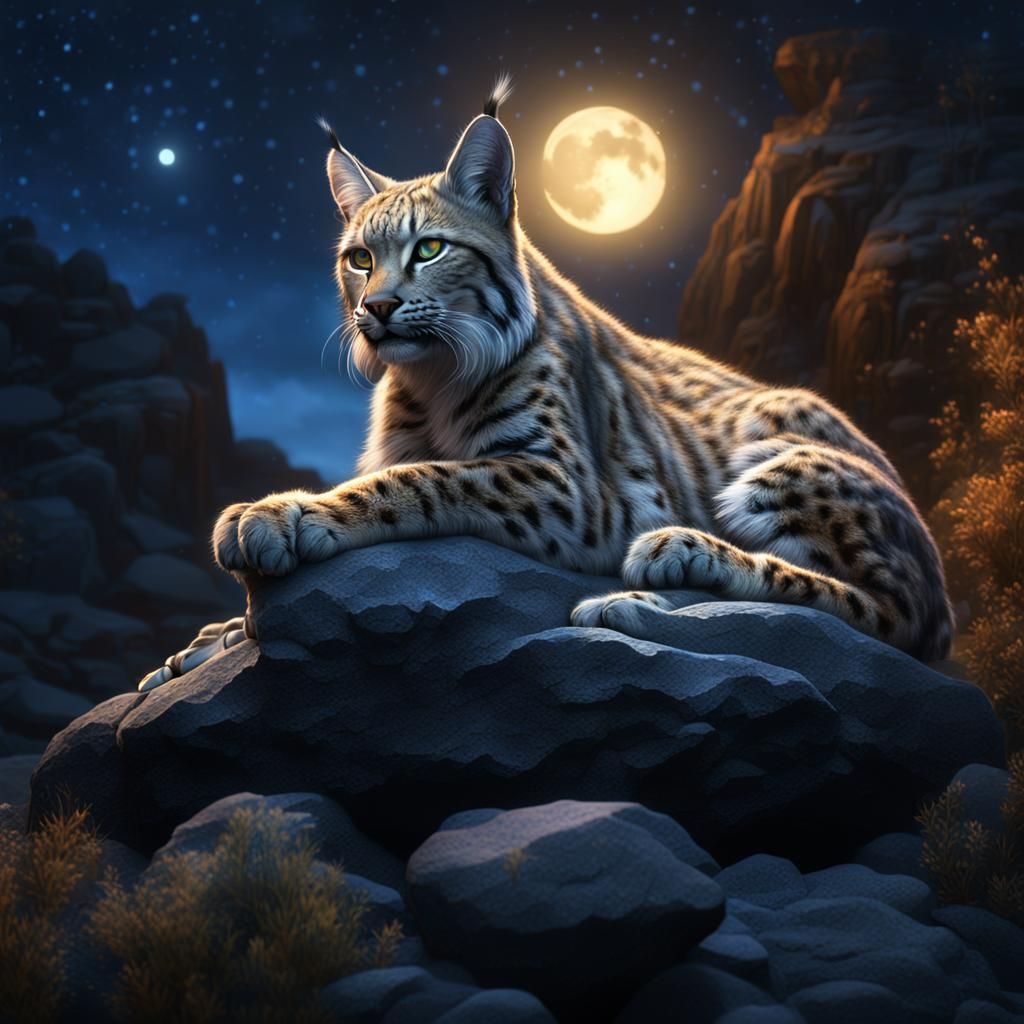 A Bobcat Lying On A Rock At Night - Ai Generated Artwork - Nightcafe 