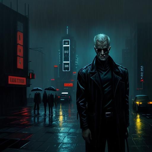 Blade Runner, rooftop, torrential rain Roy Batty , neon glow...