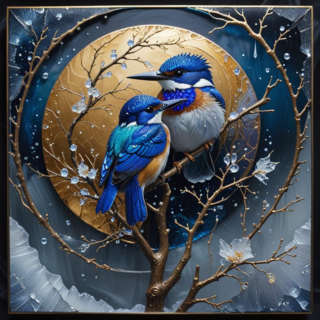 KINGFISHERS - Vitreous enamel with frost crystals sparkling in a ice-fog stackedfocus gleaming moonlight.  by @Peregrine Falconer