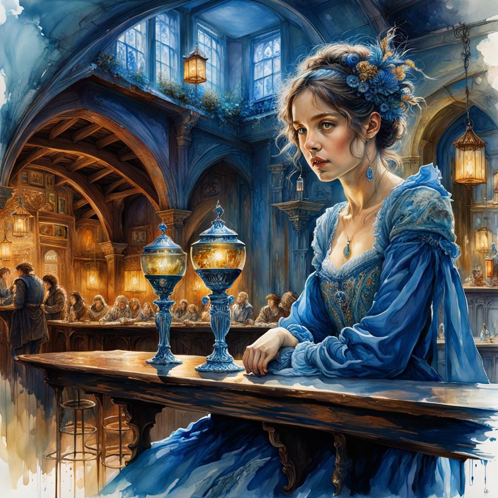 The girl in blue, waiting alone at a medieval tavern  by @undefined