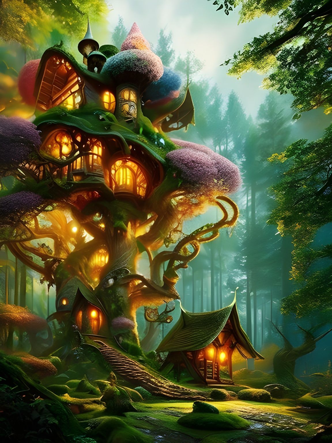 Fairytale Forest Treehouses - AI Generated Artwork - NightCafe Creator