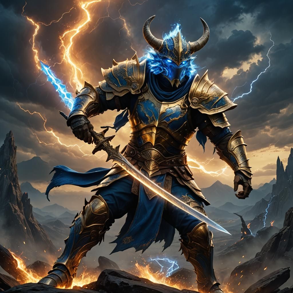 Dragonborn warrior wielding a long, blue flame sword. Full portrait of ...