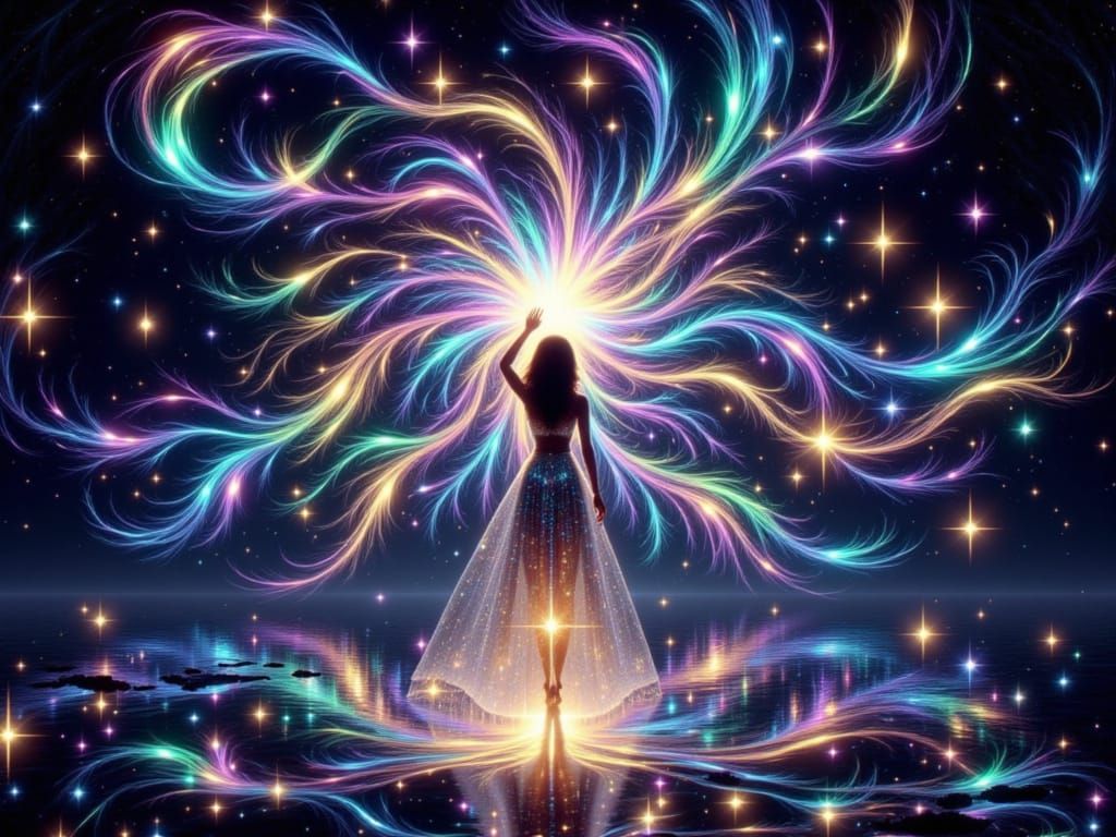 A dream of Star Leads the strands of existence form with a patterned form of loving grace interlaced Holograph foil <lora:Holograph Starligh...