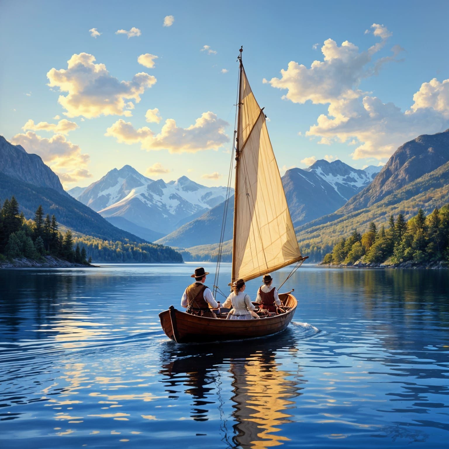 In the 1880s sailing on a mountain lake under a blue sky.