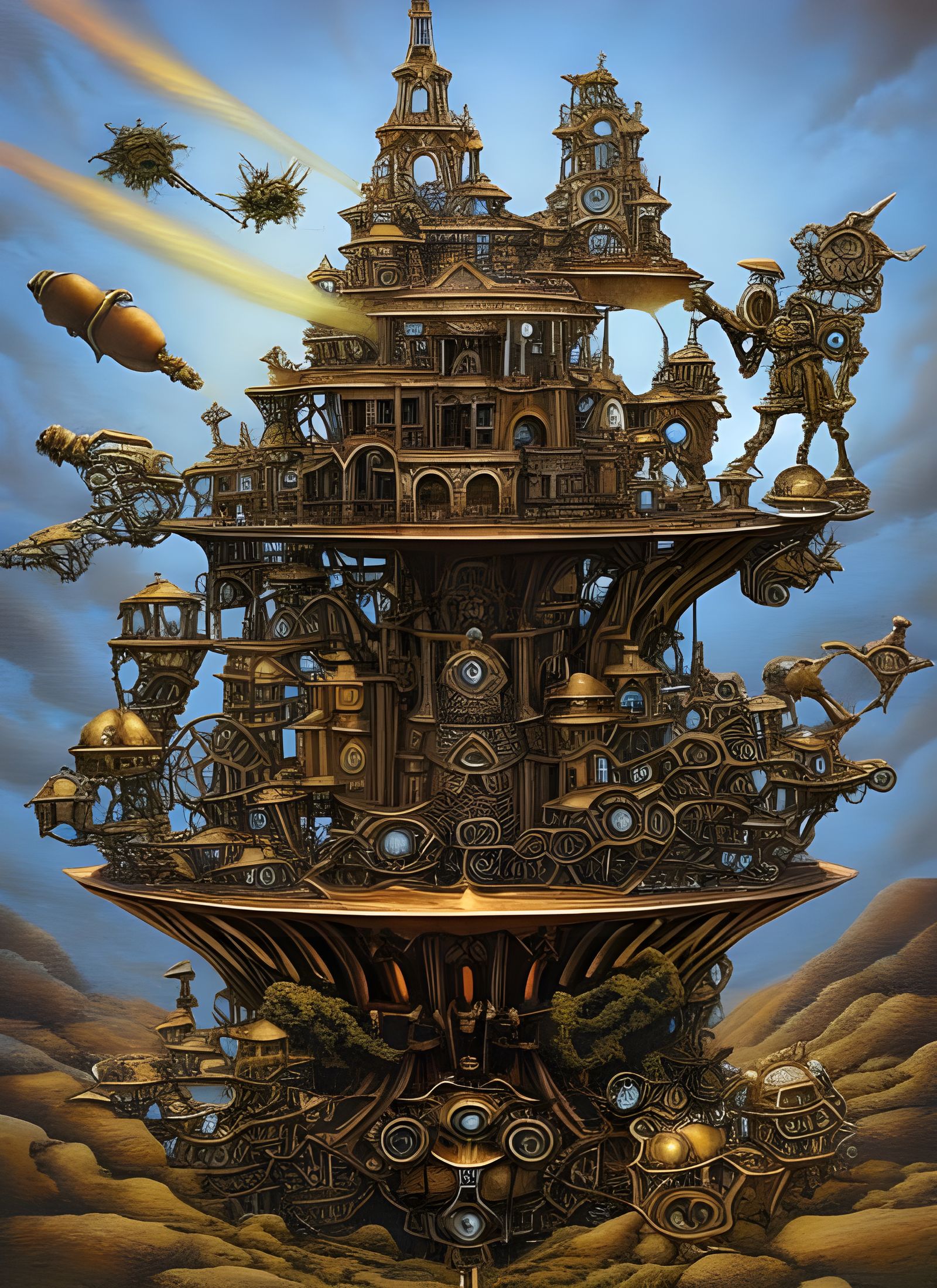 highly detailed bronze steampunk robot exploding with parts ...