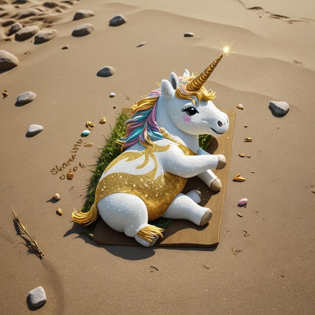 "Hyperrealistic digital artwork of a cute glowing unicorn do...